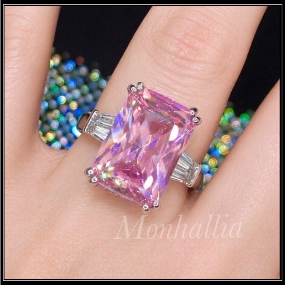 NEW SILVER PINK TOPAZ EMERALD CUT CRYSTAL COCKTAIL STATEMENT RING 5CT